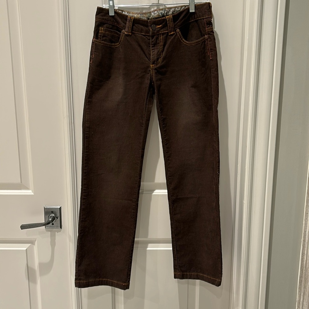PRANA corduroy pants. Brown with orange contrast stitching